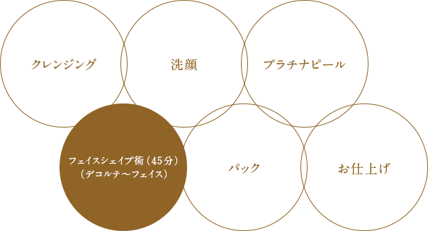 基本の施術内容：クレンジング、洗顔、プラチナピール、フェイスシェイプ術（45分）、パック、お仕上げ